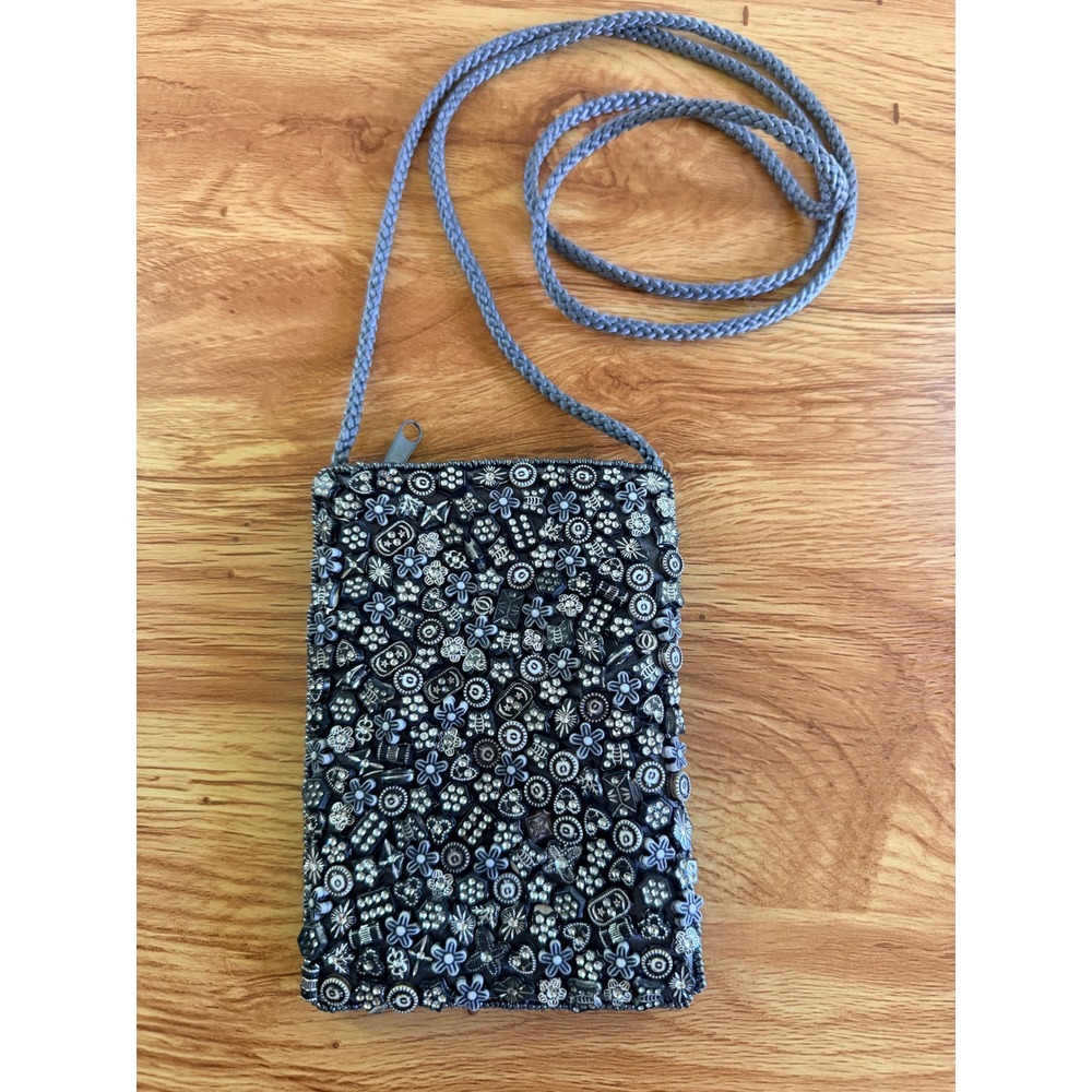 di Beaded Mini Crossbody Bag Grey Satin Floral Resin Charms Small Pouch